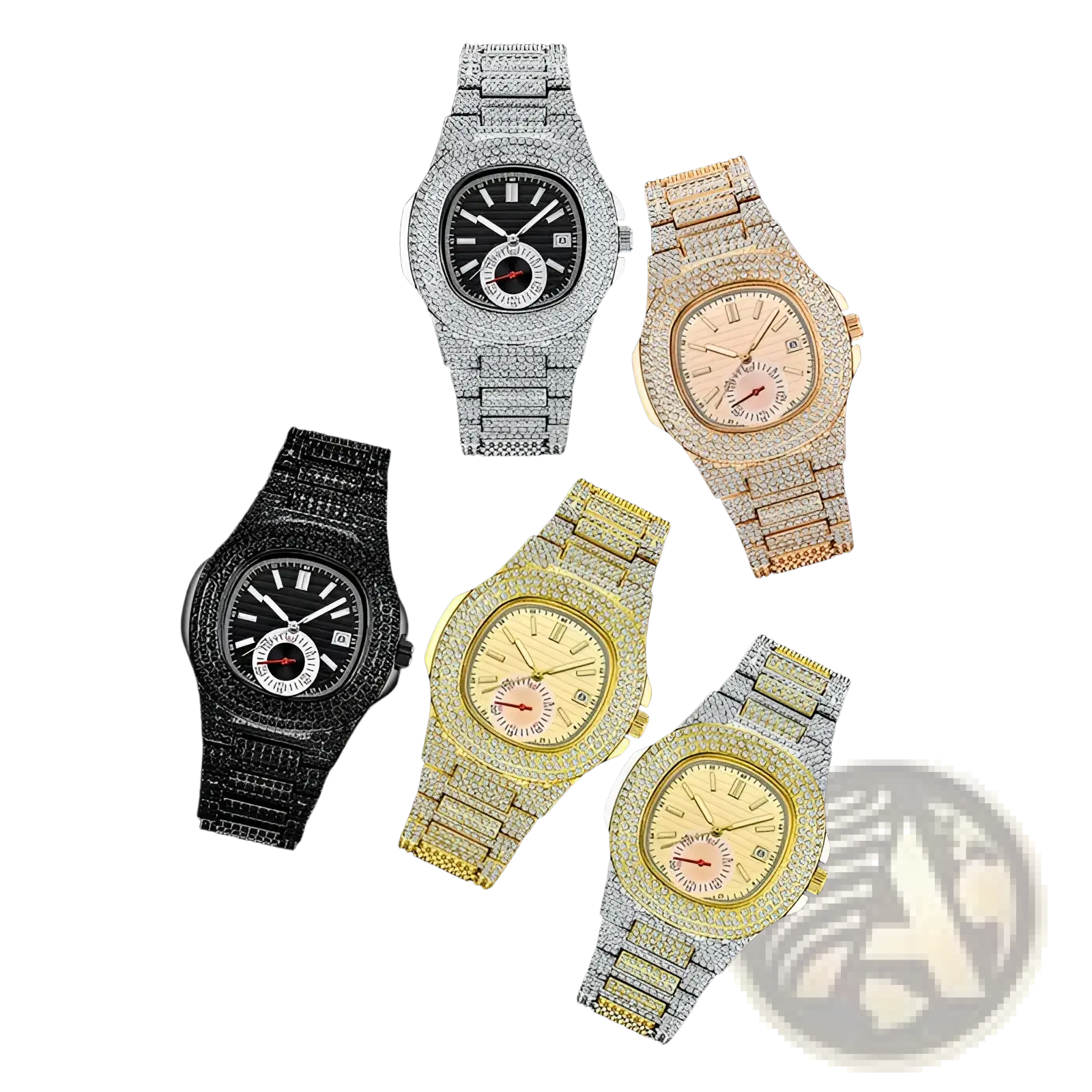 Five luxury diamond hip hop quartz watches for men with stainless steel bands and black or gold-tone dials