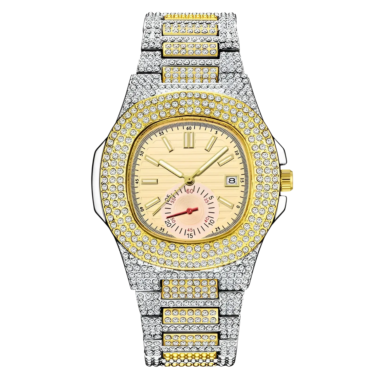 Diamond hip hop quartz watch for men with gold and silver two-tone diamond-encrusted case and cream face with roman numerals