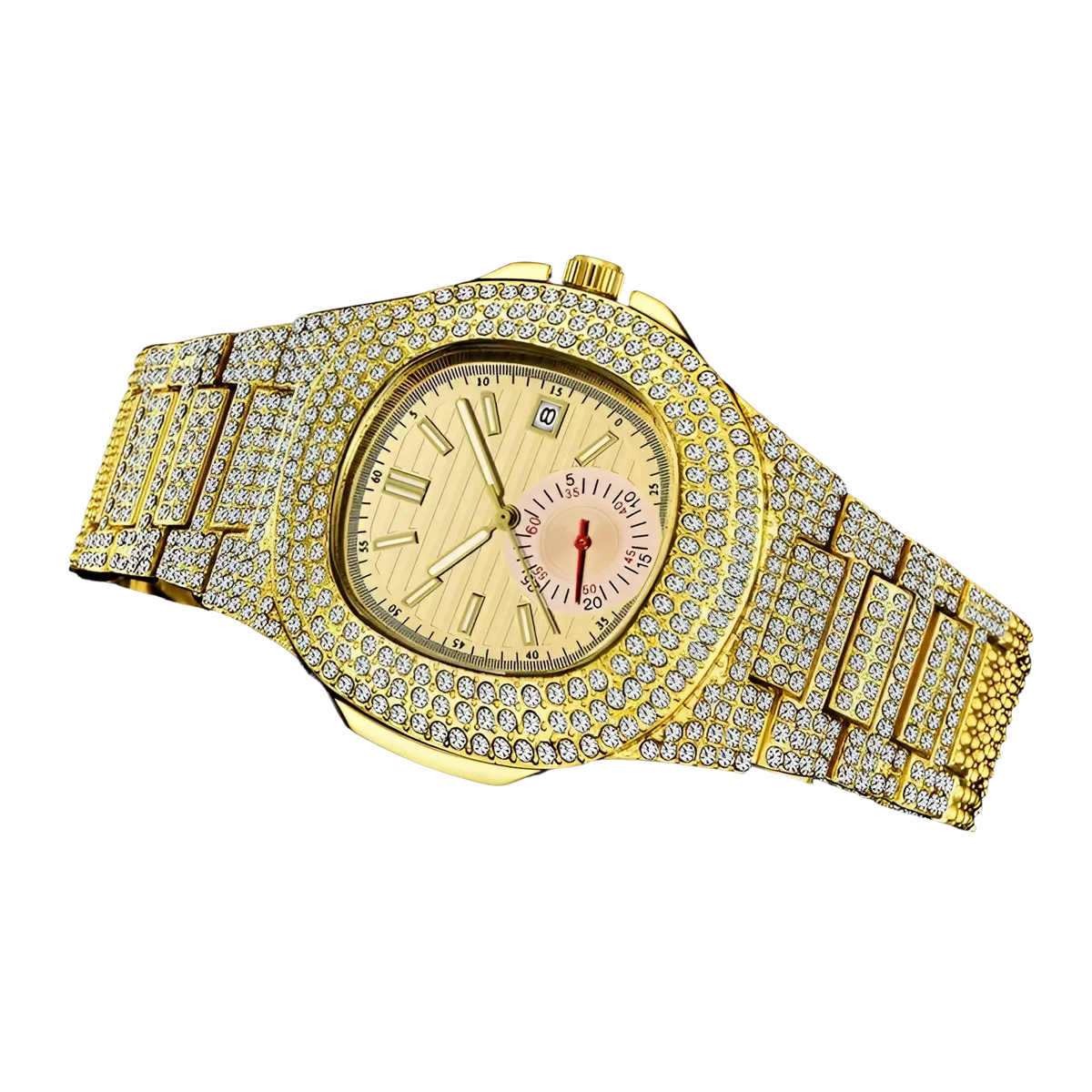 Gold-tone diamond hip hop quartz watch for men with diamond-encrusted case, bracelet, gold dial, roman numerals, date window
