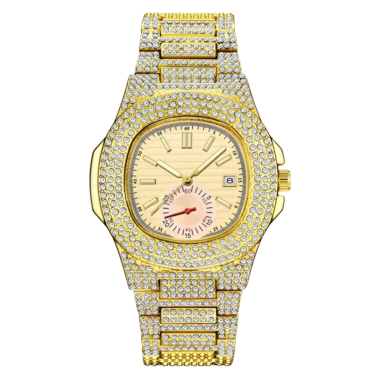 Gold-tone diamond hip hop quartz watch for men with a diamond-encrusted case bracelet ivory dial and pink subdial
