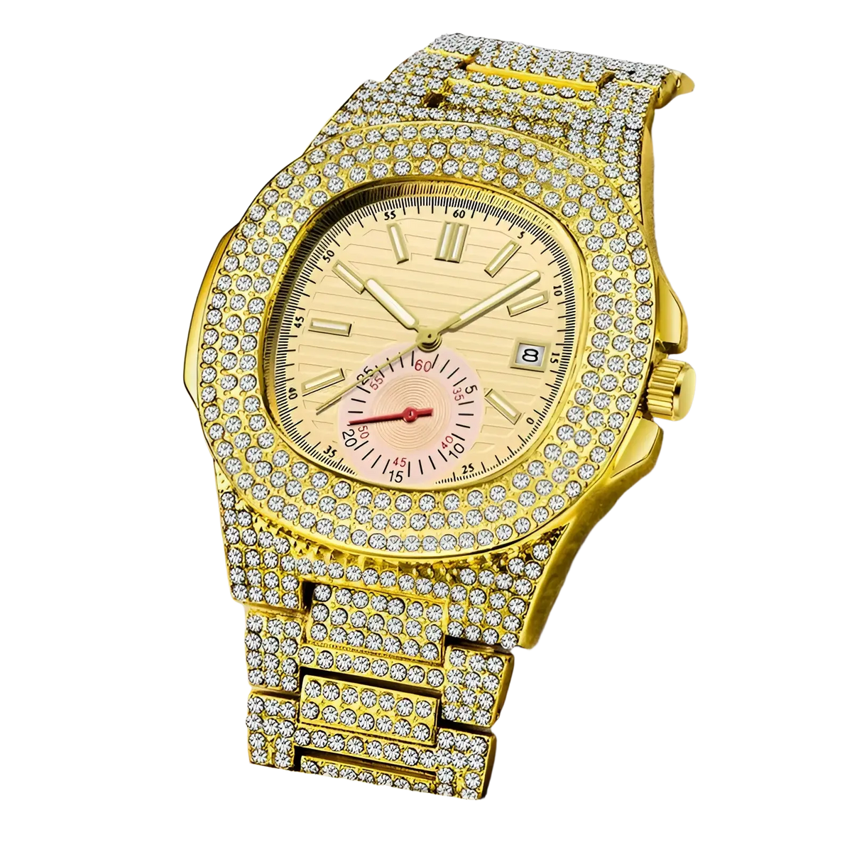 Gold-tone diamond hip hop quartz watch for men with diamond-encrusted case and bracelet ivory dial roman numerals date window