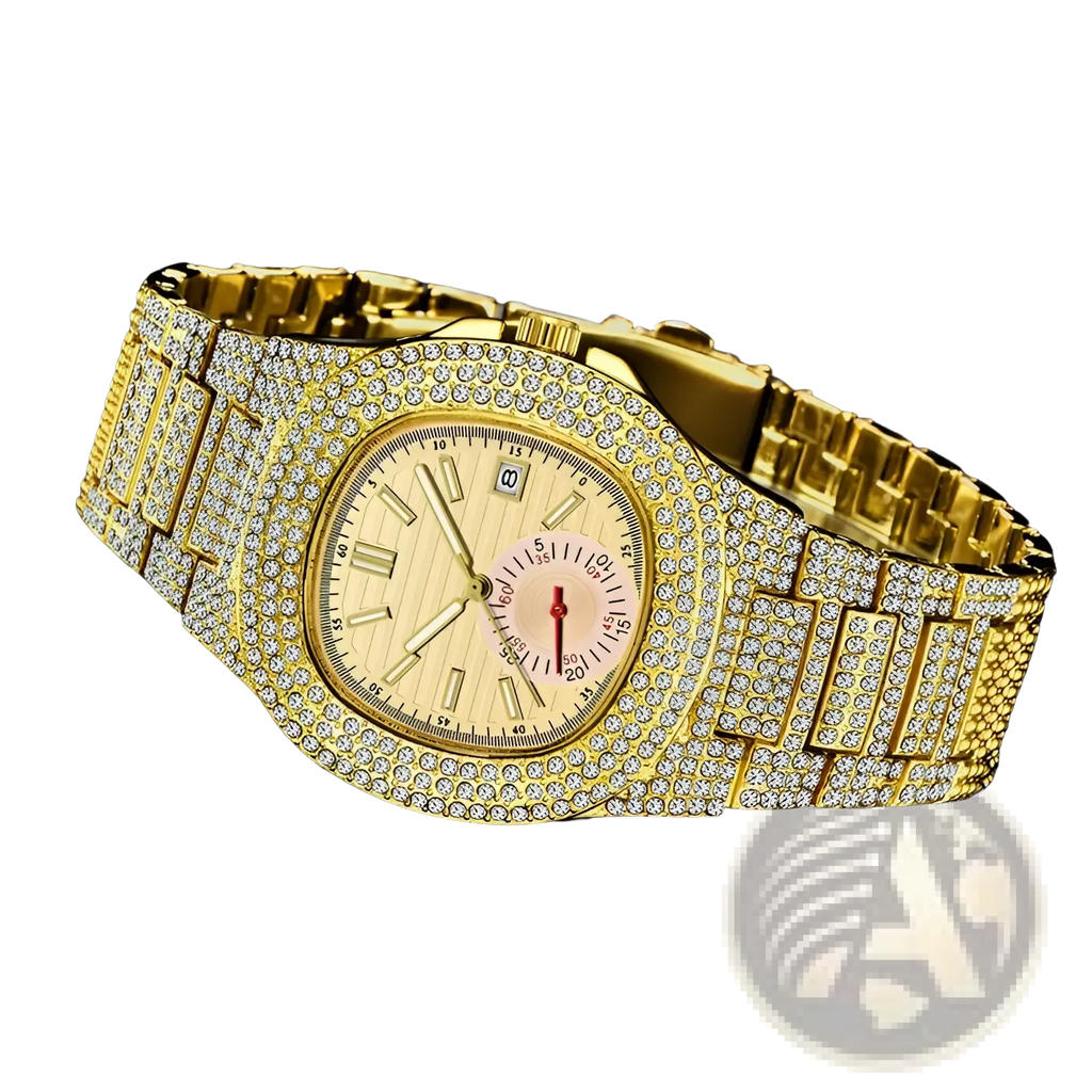 Gold-tone diamond hip hop quartz watch for men with diamond-encrusted bezel bracelet off-white dial roman numerals pink sub-dial
