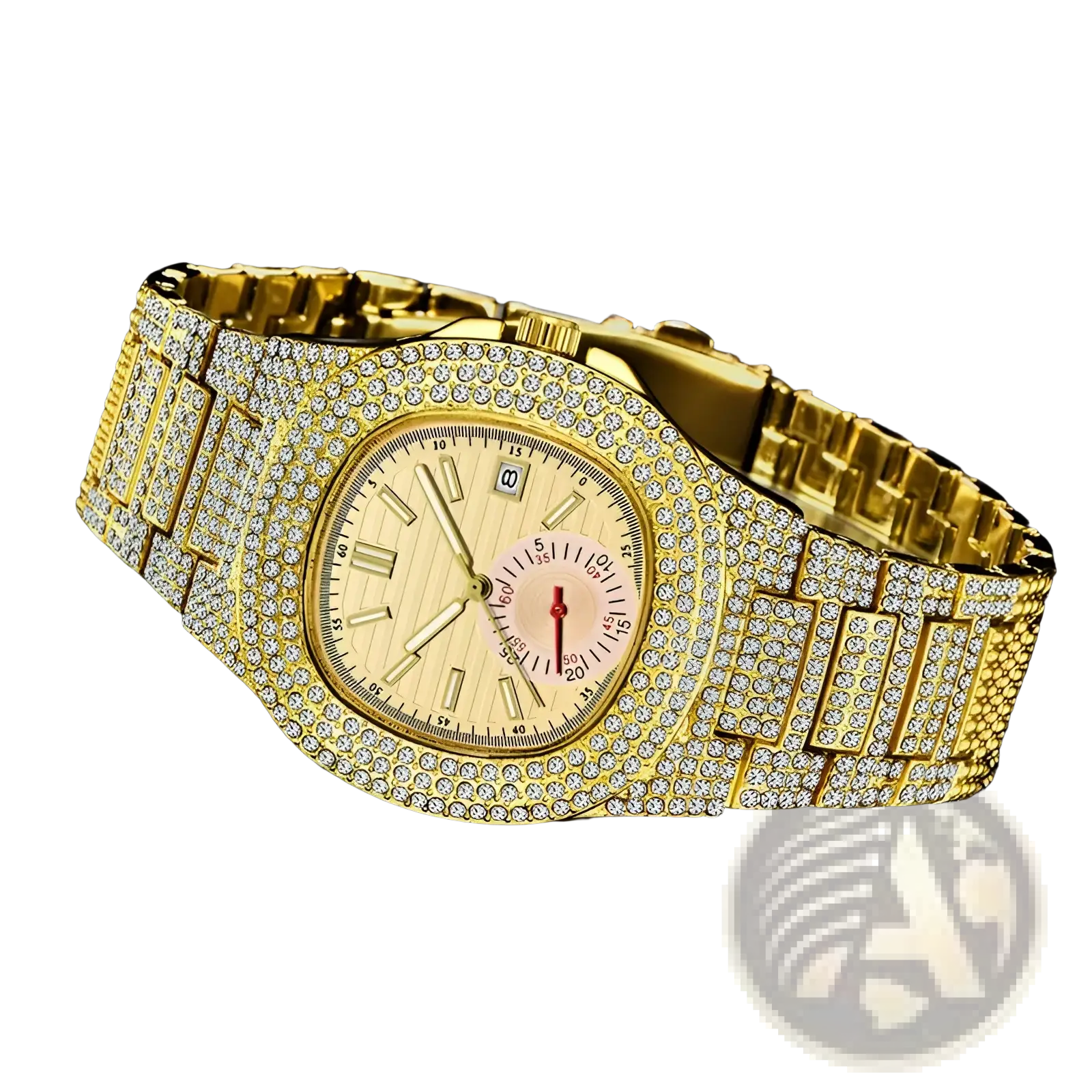 Gold-tone diamond hip hop quartz watch for men with diamond-encrusted bezel bracelet off-white dial roman numerals pink sub-dial