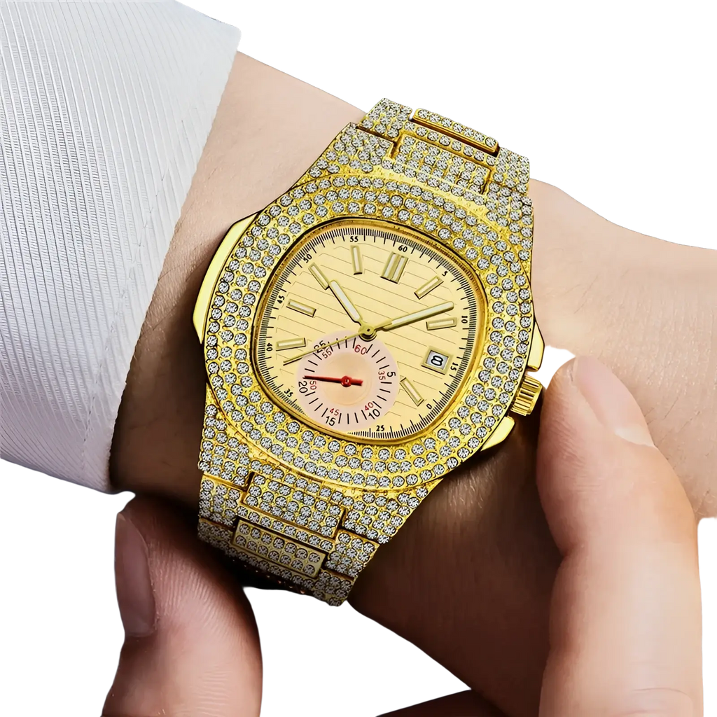 Gold-tone diamond encrusted hip hop quartz watch for men with ivory dial and gold hour markers and hands