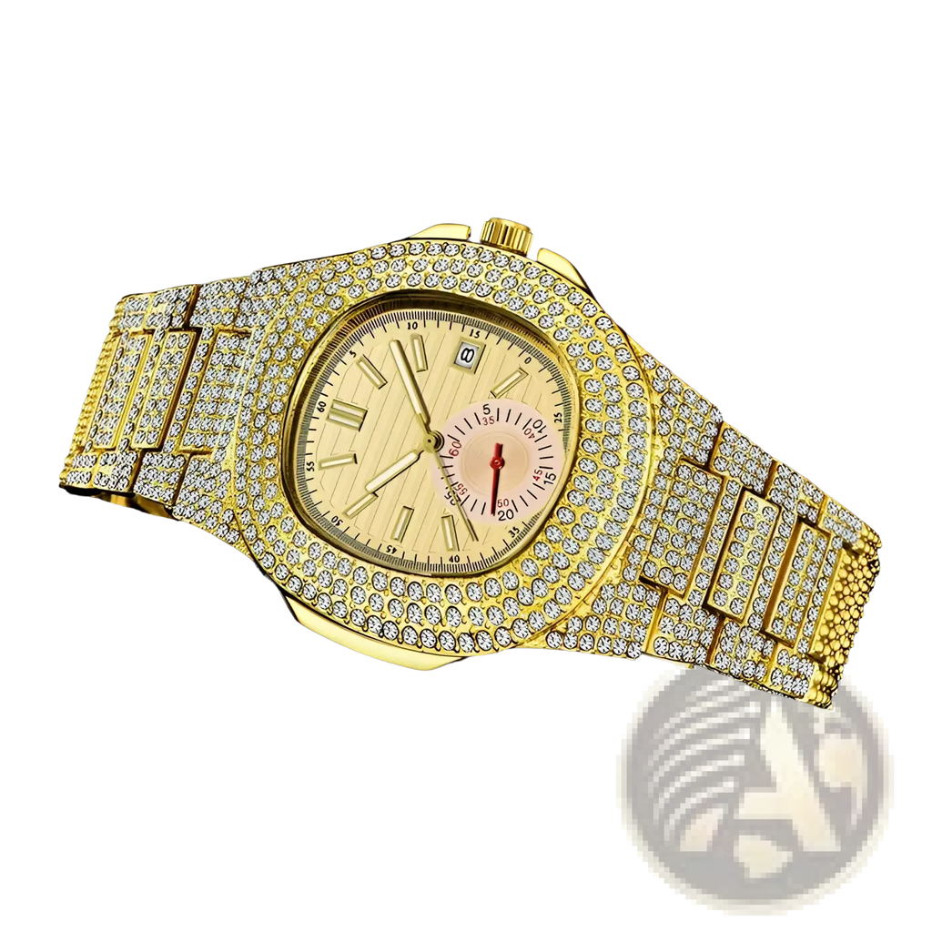 Gold-tone diamond hip hop quartz watch for men with diamond-encrusted case, bracelet, gold dial, roman numerals, date window