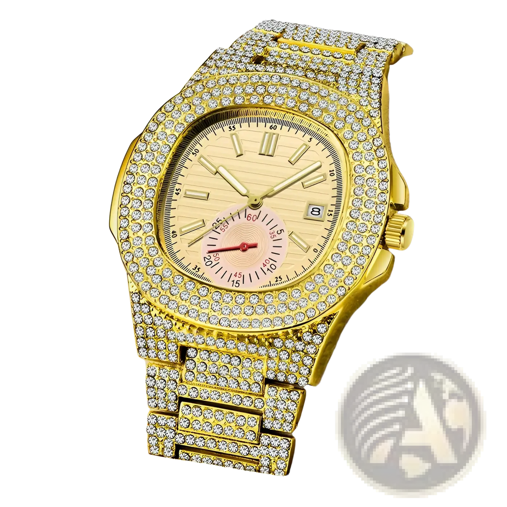 Gold-tone diamond hip hop quartz watch for men with diamond-encrusted case and bracelet ivory dial roman numerals date window