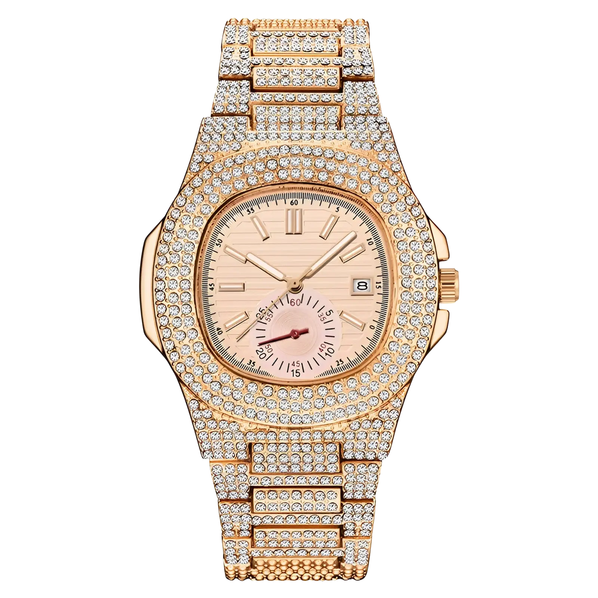 Rose gold diamond-encrusted hip hop quartz watch for men with a square face and date display