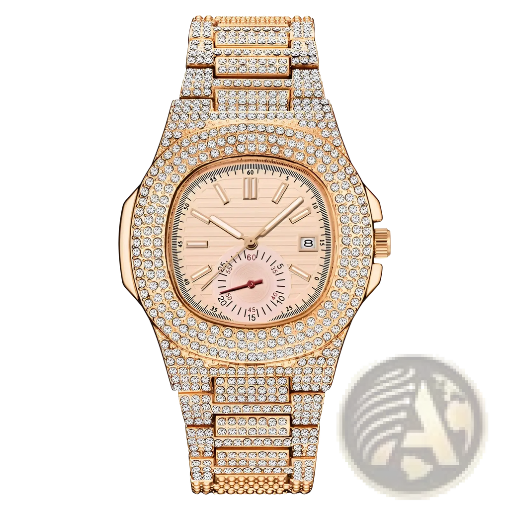 Rose gold diamond-encrusted hip hop quartz watch for men with a square face and date display