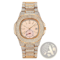 Rose gold diamond-encrusted hip hop quartz watch for men with a square face and date display