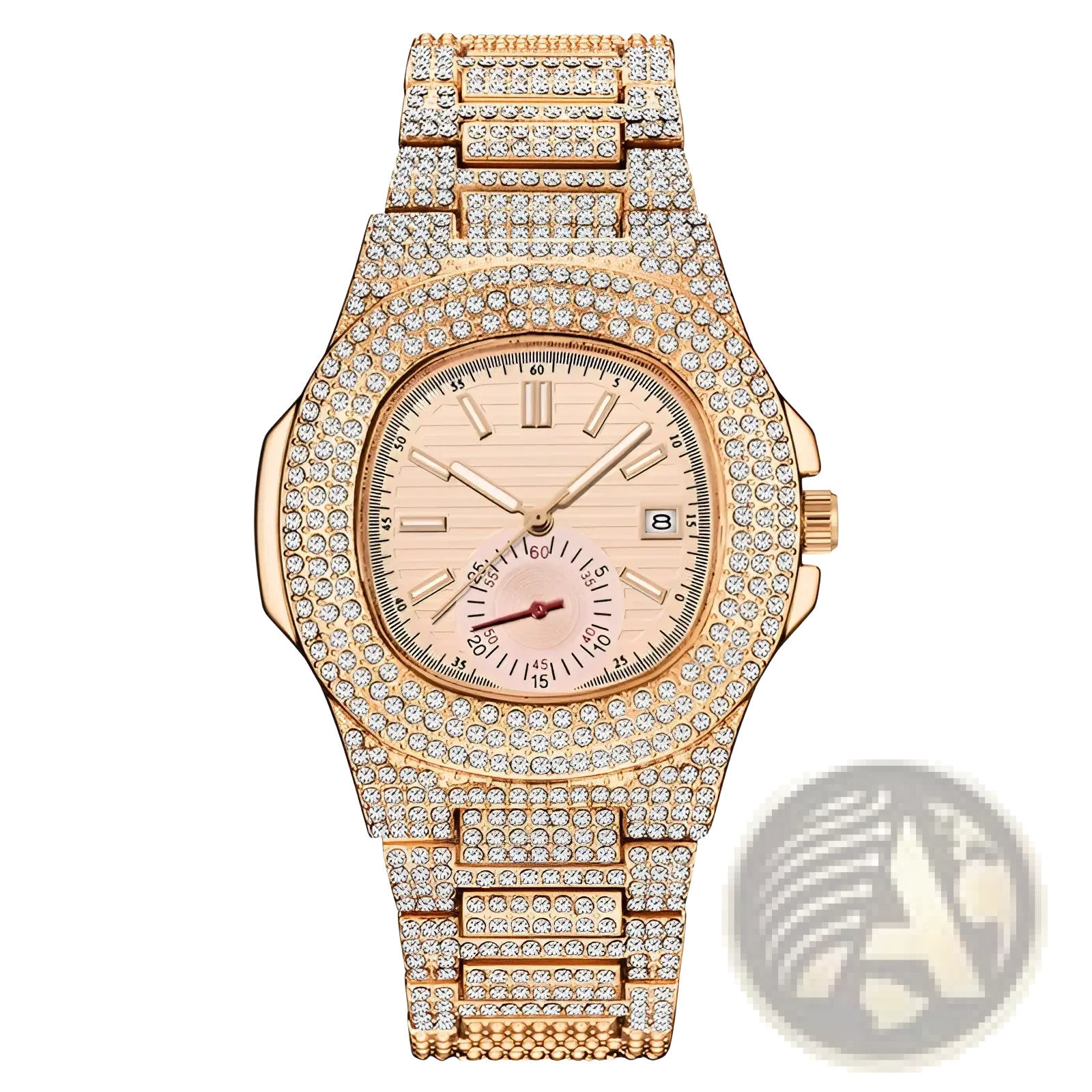 Rose gold diamond-encrusted hip hop quartz watch for men with a square face and date display