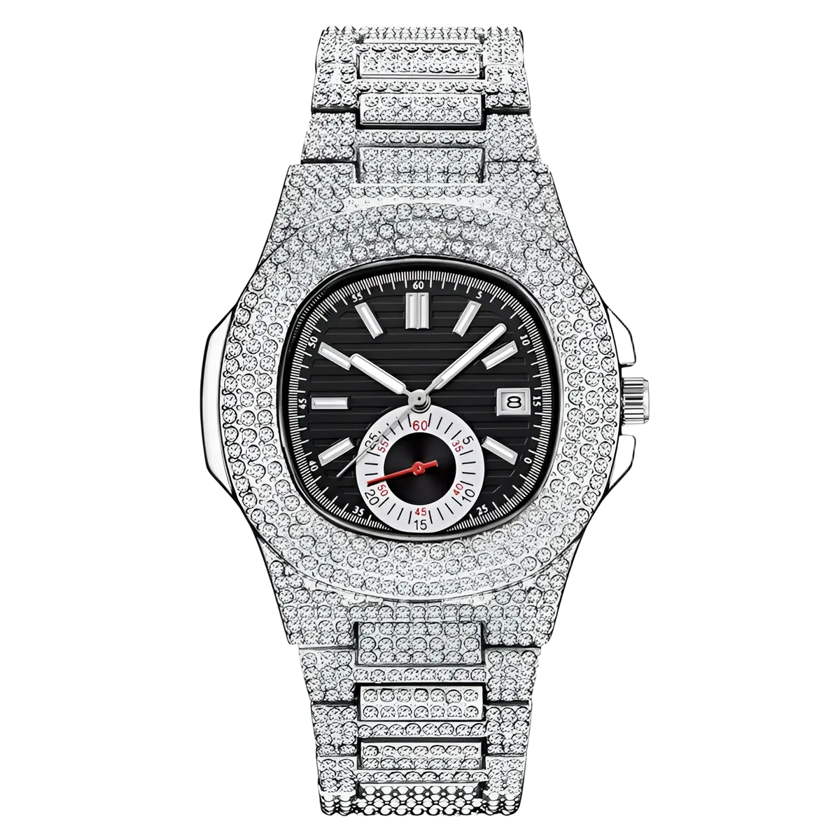 A silver-toned diamond hip hop quartz watch for men with a black dial and clear crystals on the case and bracelet