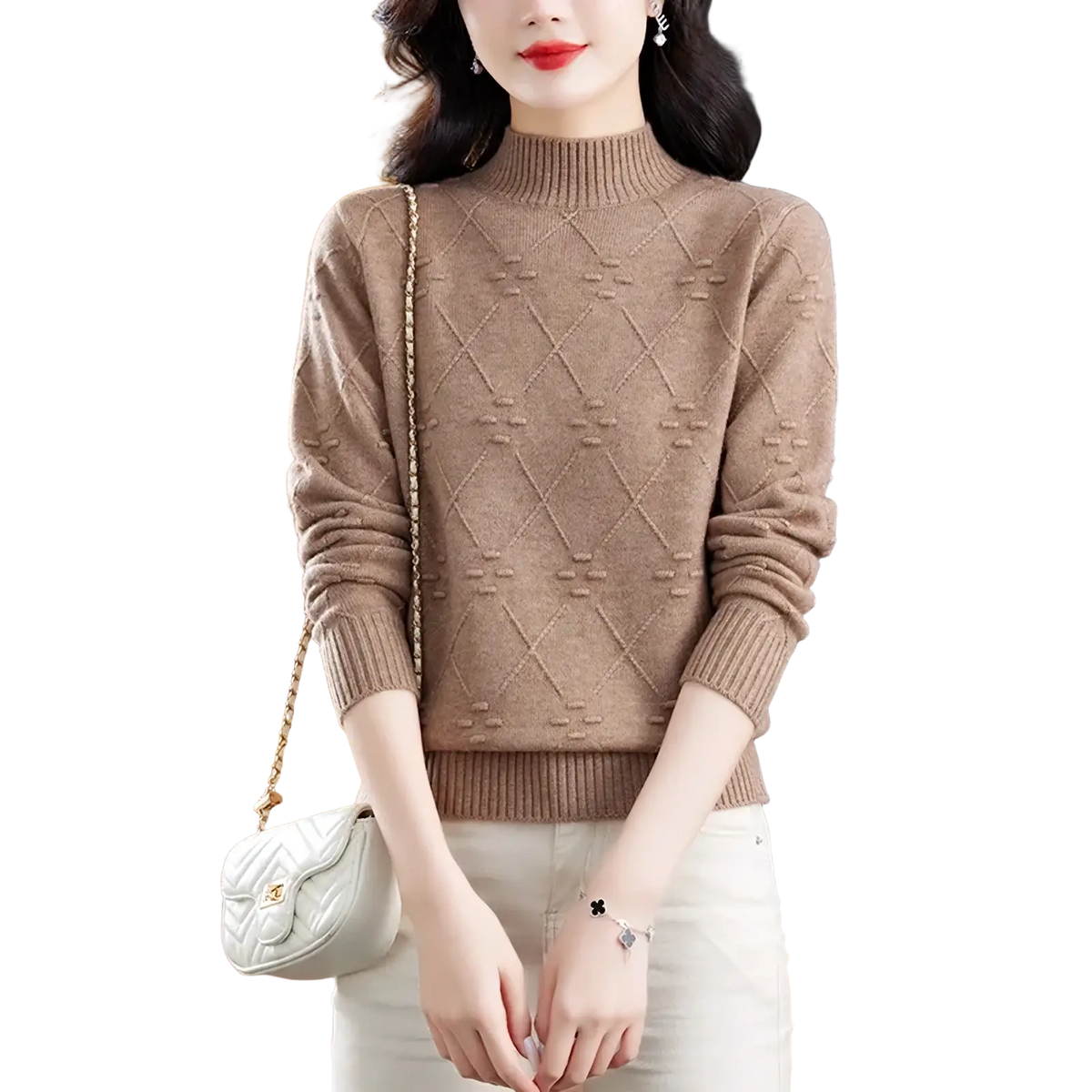 Beige diamond knit mock neck sweater for women with textured pattern and ribbed cuffs in high-neck design