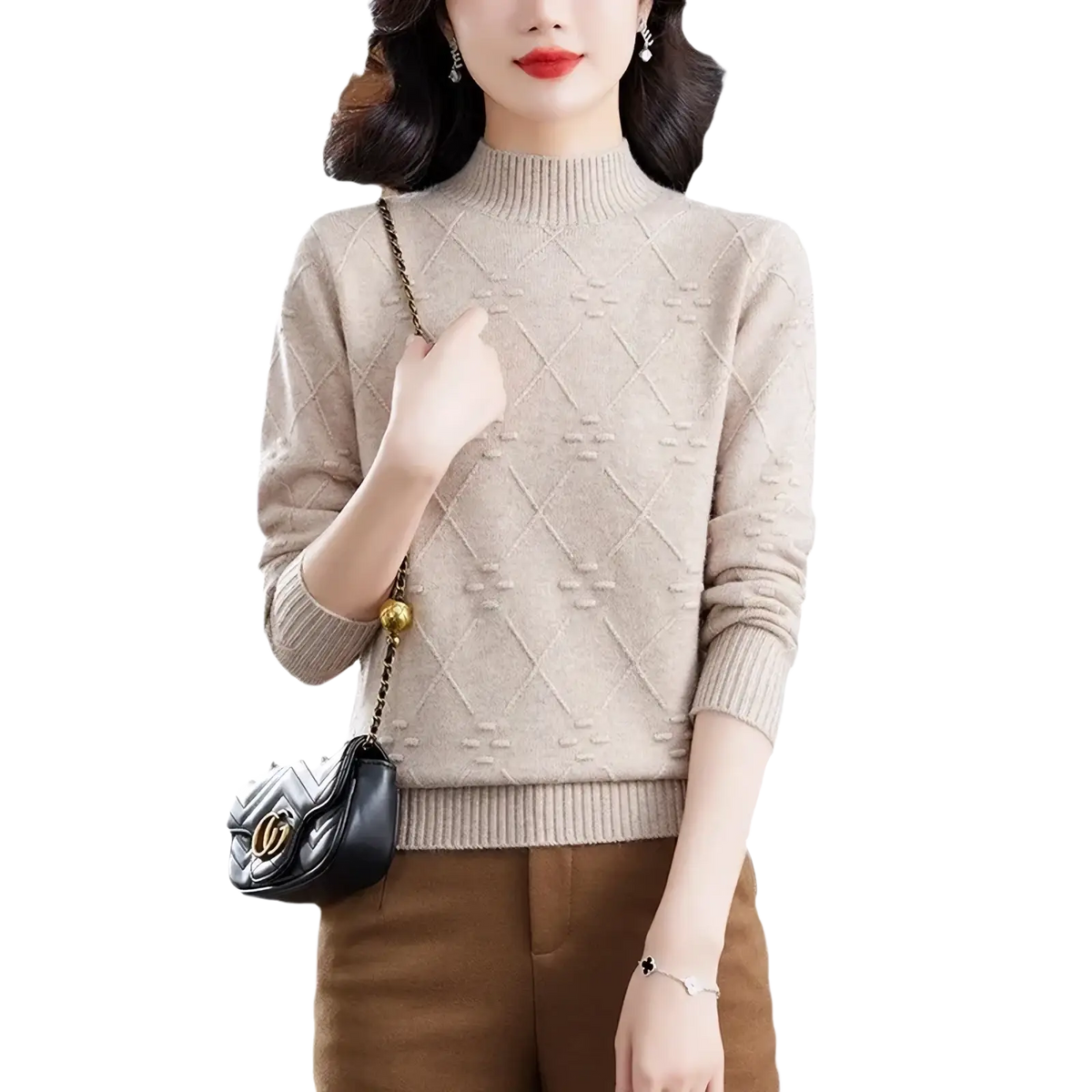 Beige diamond-patterned knit mock neck sweater for women with ribbed cuffs and hem made of soft knit material