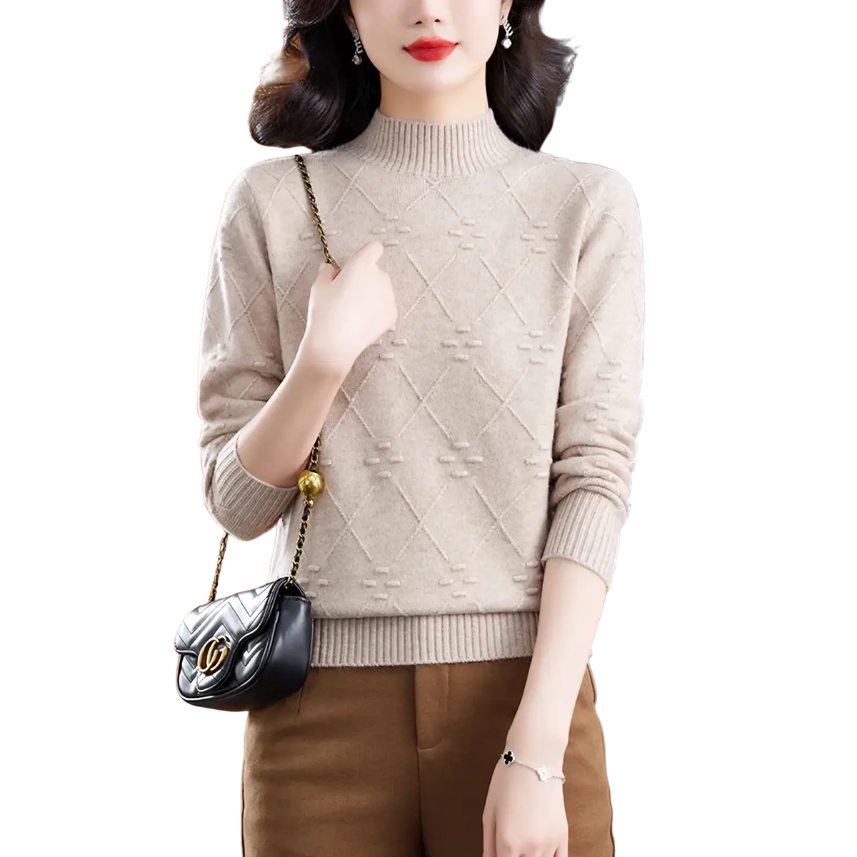 Beige diamond-patterned knit mock neck sweater for women with ribbed cuffs and hem in soft knit material