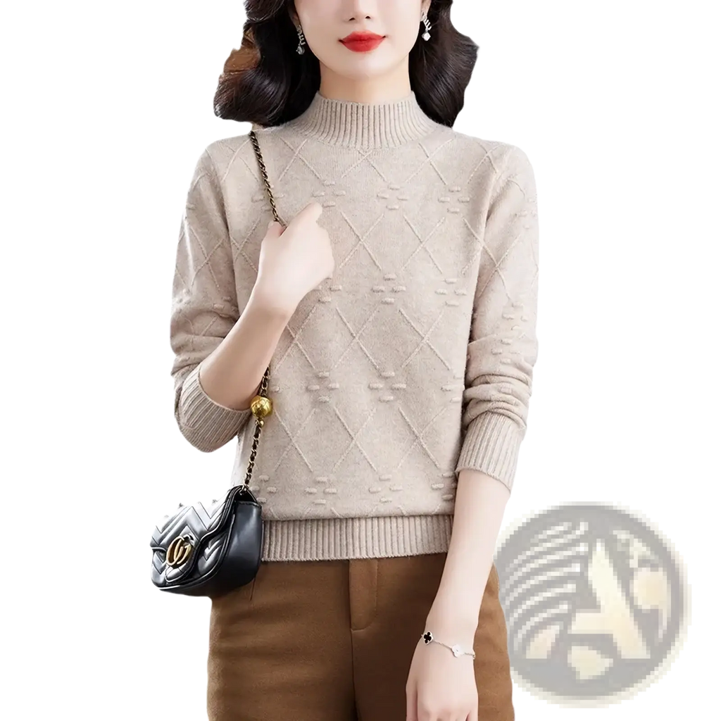 Beige diamond-patterned knit mock neck sweater for women with ribbed cuffs and hem made of soft knit material