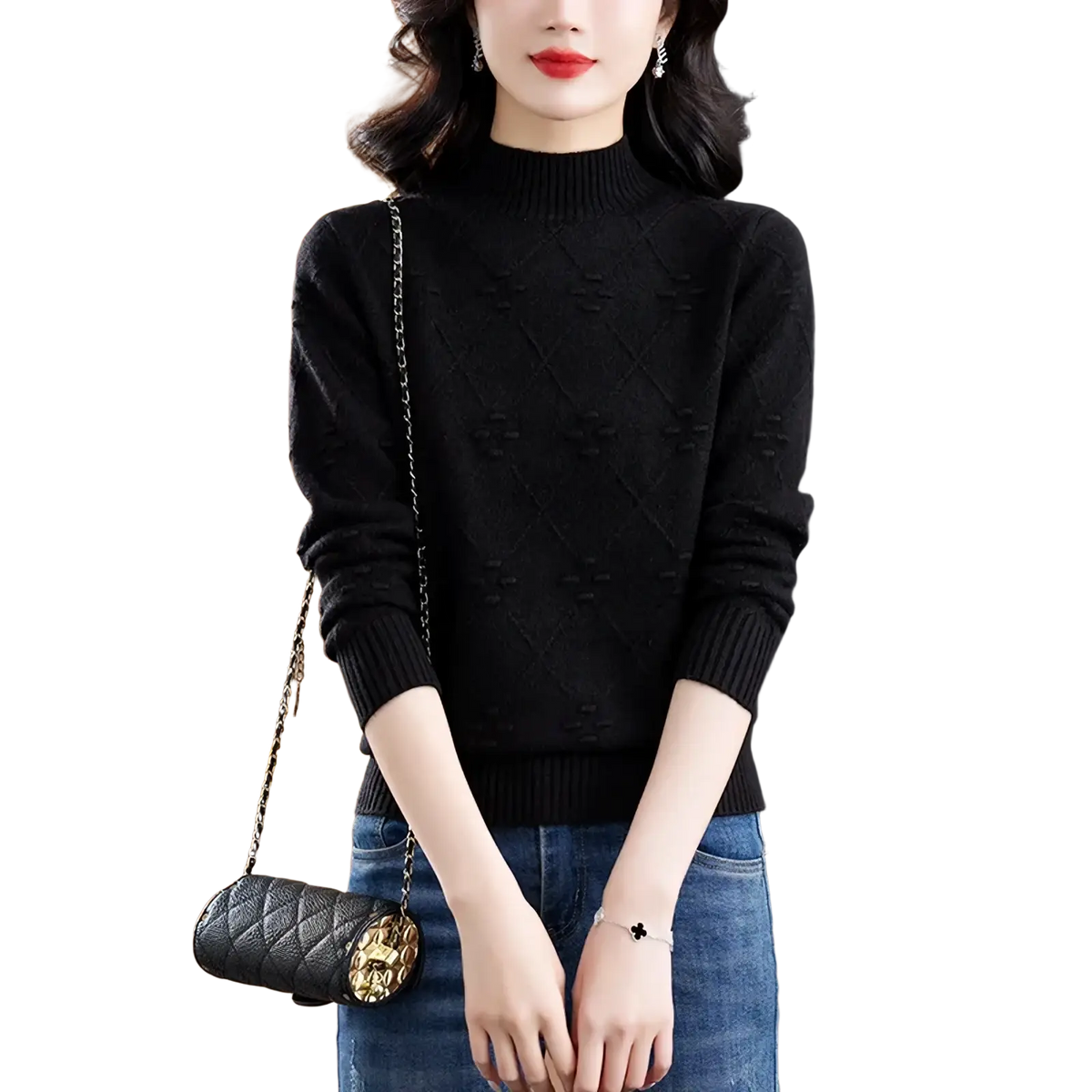 Black diamond-patterned knit mock neck sweater for women made of soft material perfect for casual wear
