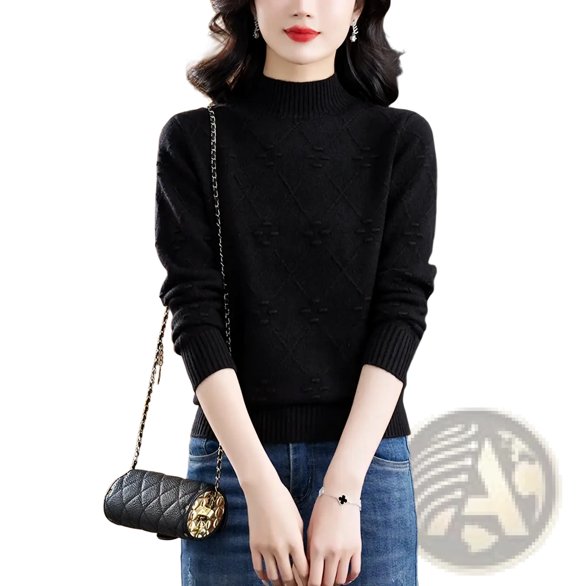 Black diamond-patterned knit mock neck sweater for women made of soft material perfect for casual wear