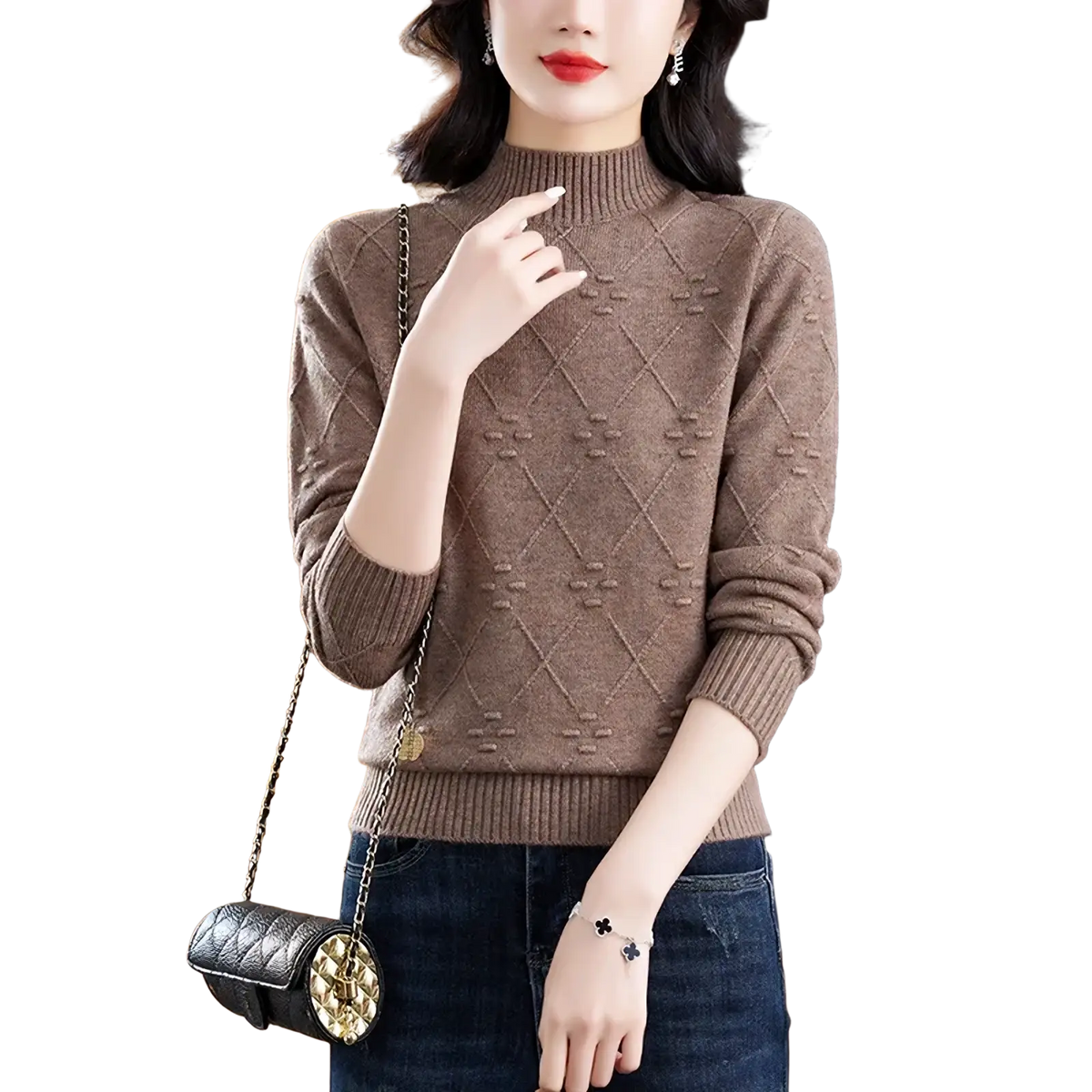 A cozy brown knitted diamond knit mock neck sweater for women with textured pattern and ribbed cuffs