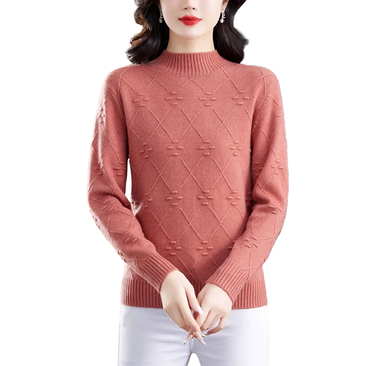 A soft rose-colored diamond knit mock neck sweater for women featuring a high neckline and textured pattern