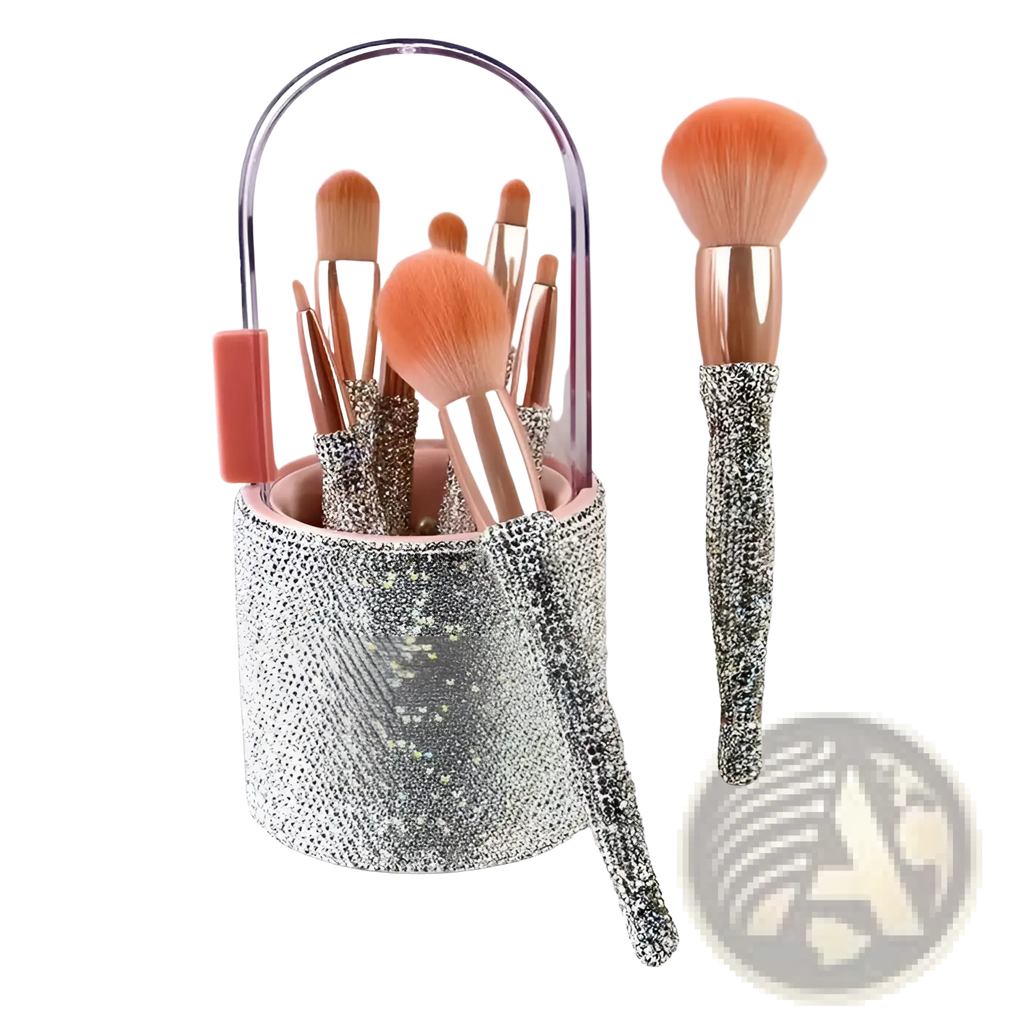 Diamond makeup brush set with silver rhinestone encrusted handles, rose gold ferrules, peach bristles, in glittery case