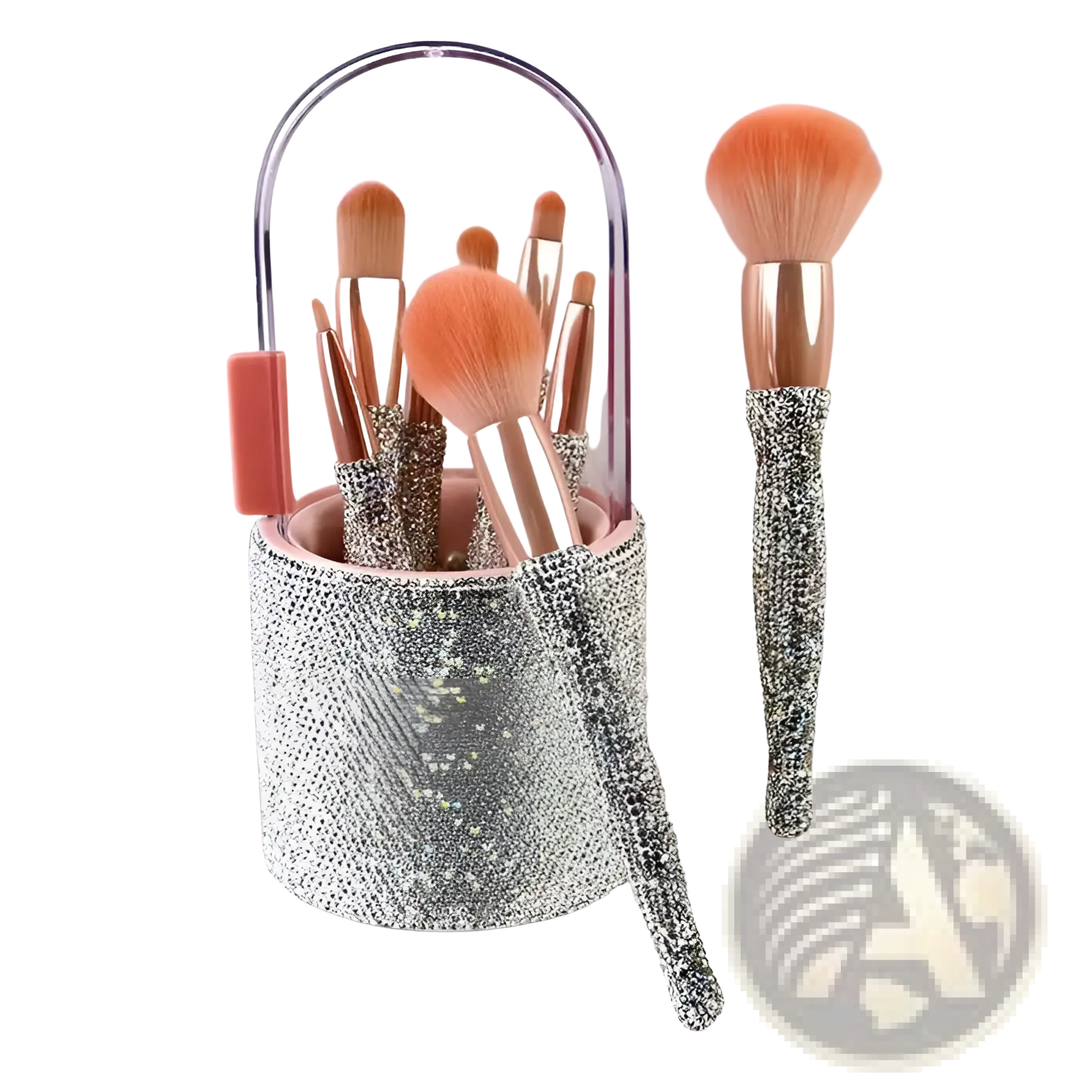 Diamond makeup brush set with silver rhinestone encrusted handles, rose gold ferrules, peach bristles, in glittery case