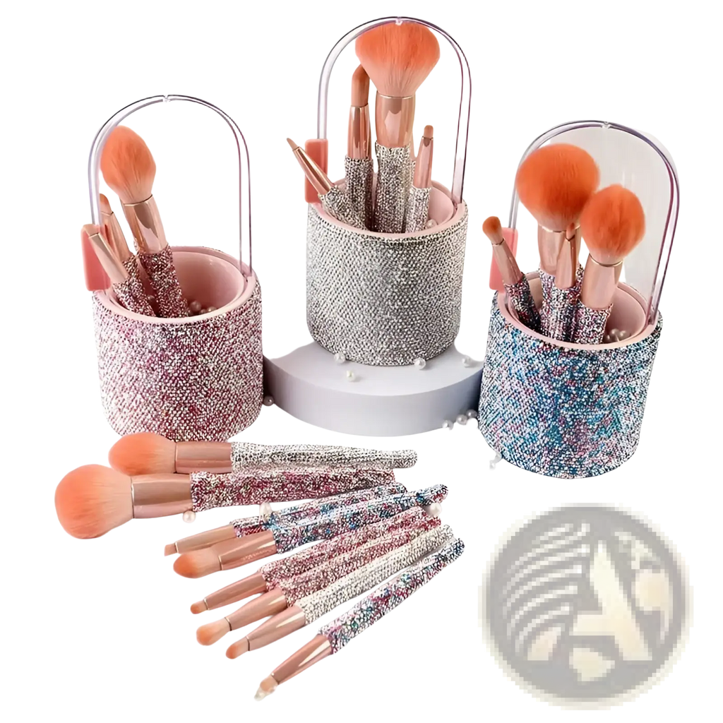 Diamond makeup brush set with sparkly rose gold and silver glittery rhinestone storage case with clear dome lids