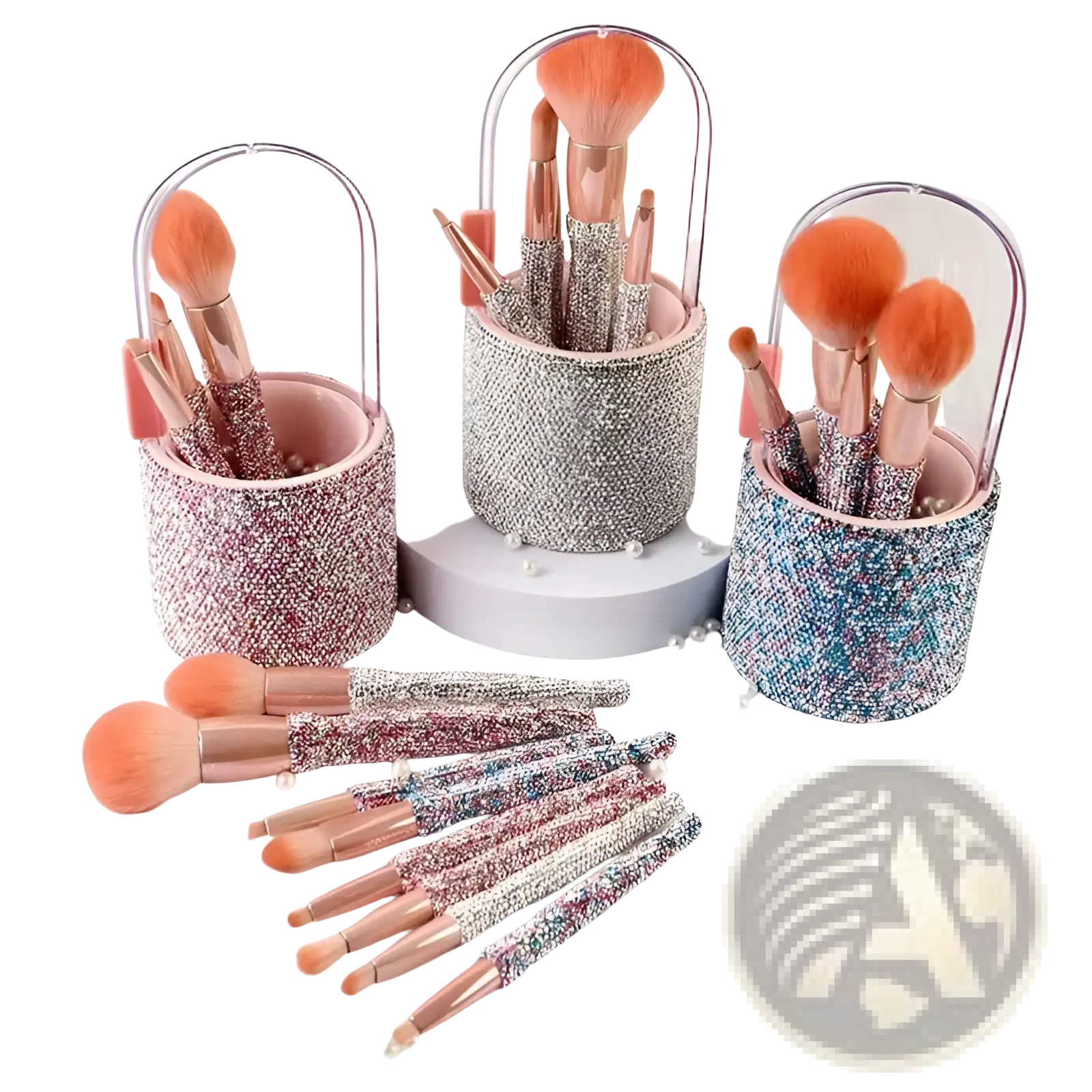Diamond makeup brush set with sparkly rose gold and silver glittery rhinestone storage case with clear dome lids