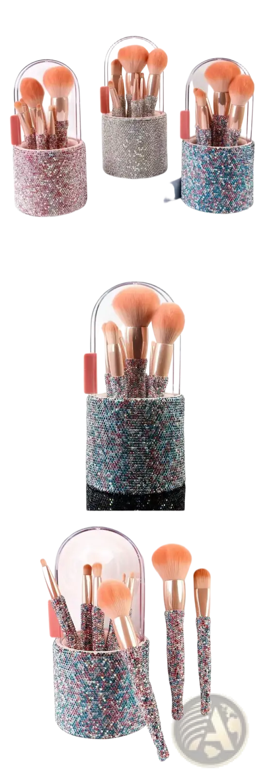 Sparkly multicolored glitter makeup brush holder with clear handle and rose gold ferrules in rhinestone case
