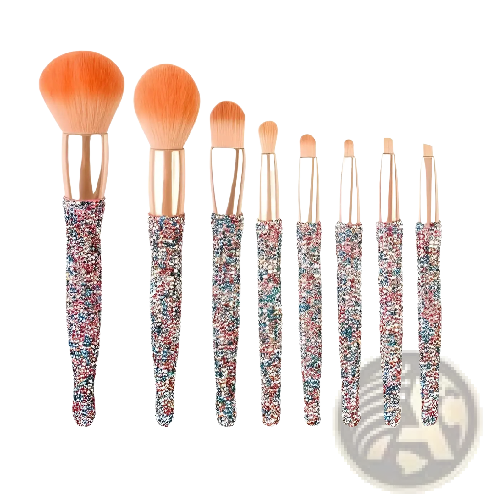 Set of seven glittery rose gold handled makeup brushes with multicolored sparkly handles and peach bristles