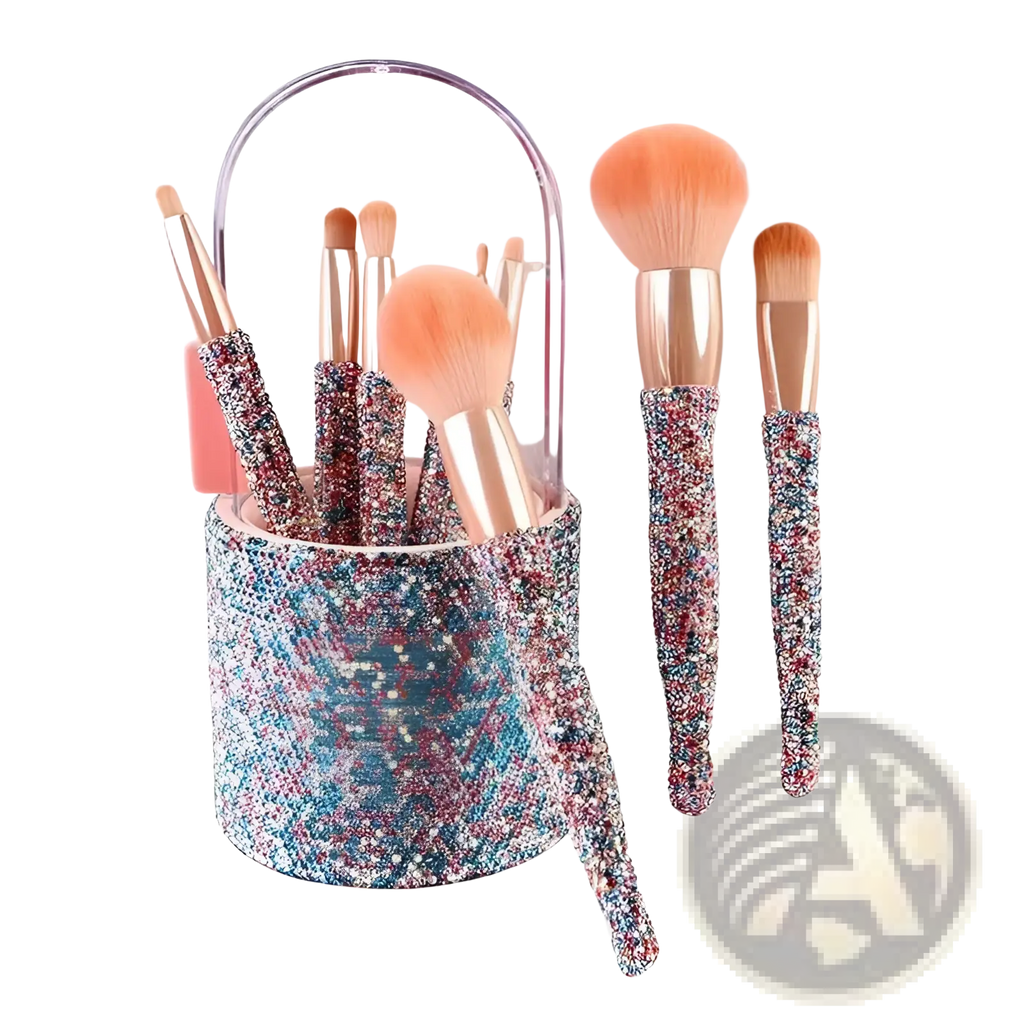 Diamond makeup brush set with sparkly multi-colored glitter brushes with rose gold ferrules and peach bristles in rhinestone case