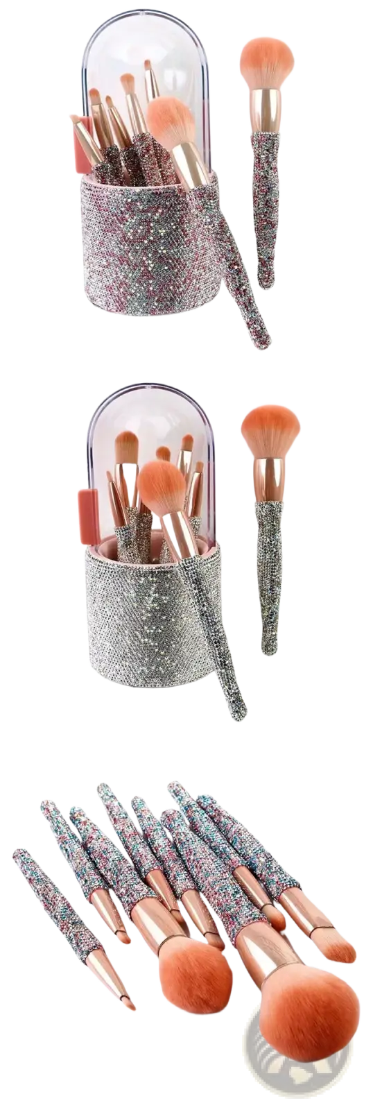 Diamond makeup brush set featuring sparkly silver glitter handles, rose gold ferrules, and orange fluffy bristles