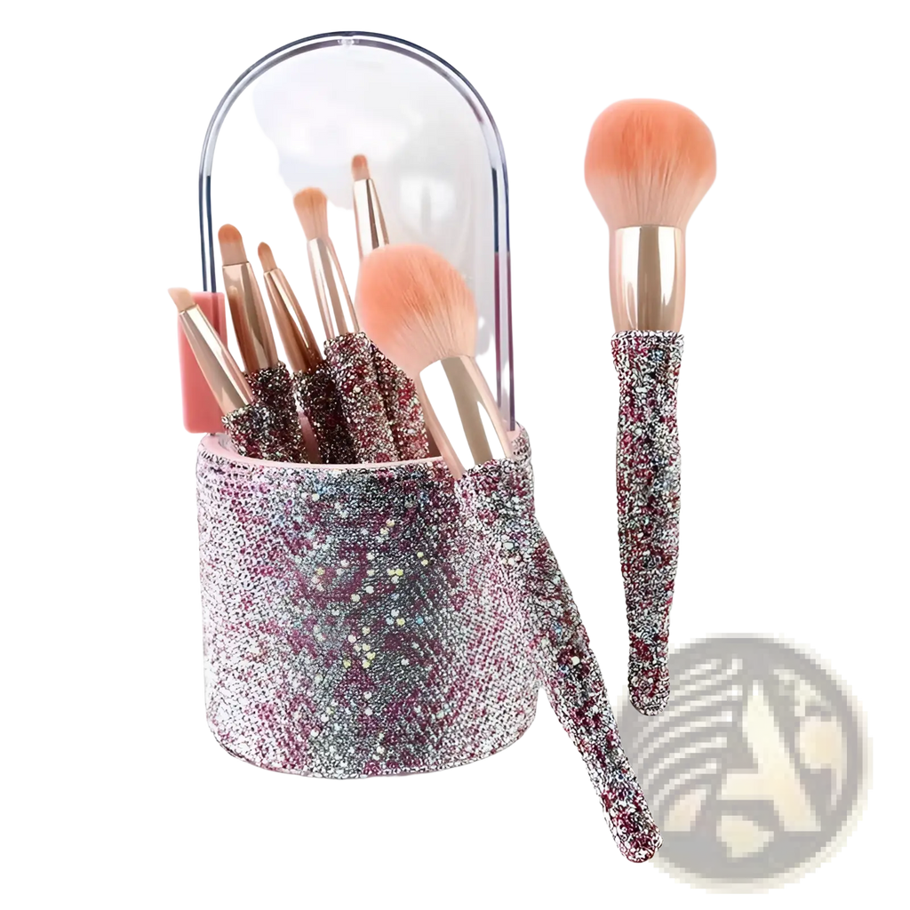 Diamond makeup brush set with rose gold and silver rhinestones in matching cylindrical case with clear arched lid