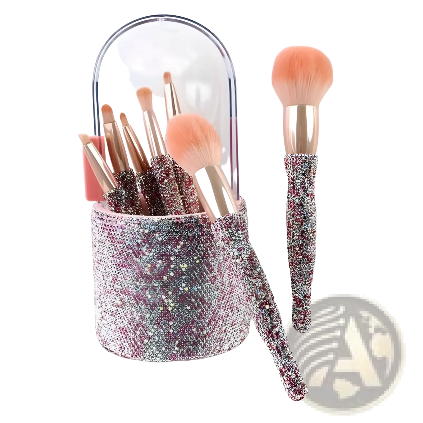 Diamond makeup brush set with rose gold and silver rhinestones in matching cylindrical case with clear arched lid