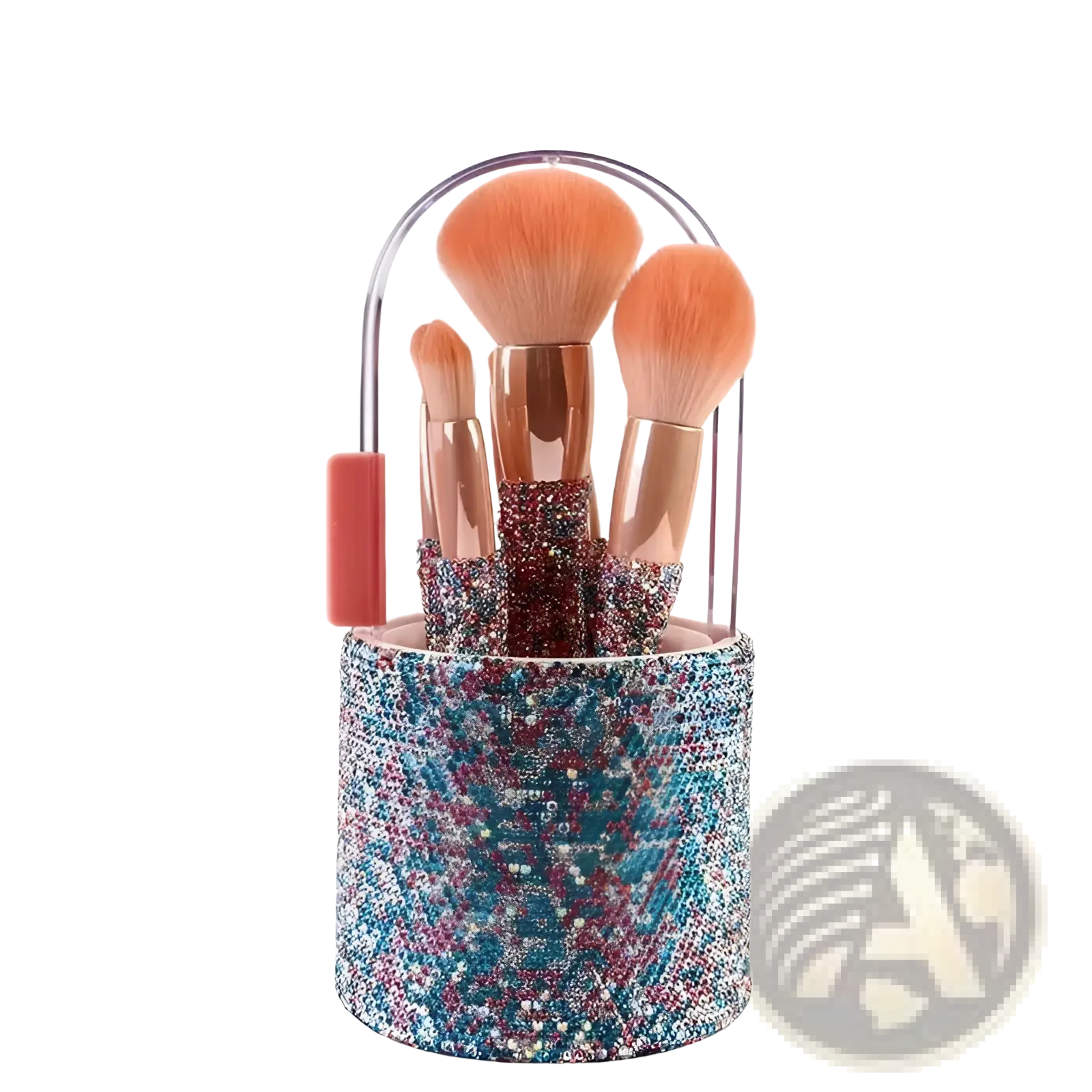 A cylindrical makeup brush holder encrusted with blue pink and silver rhinestones featuring a clear handle and coral grip