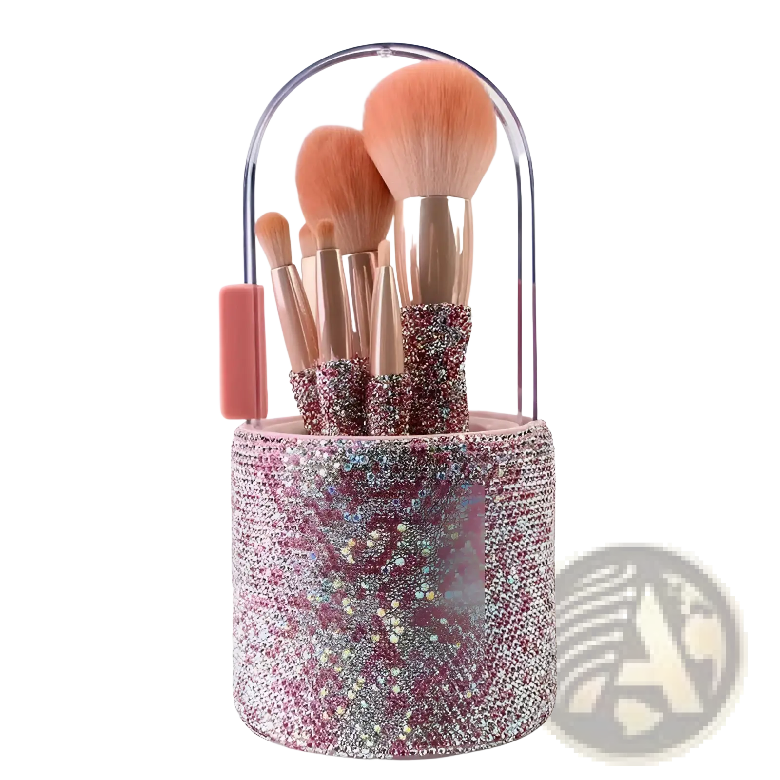 Diamond makeup brush set with a sparkling pink and silver rhinestone-encrusted cylindrical storage case with clear lid