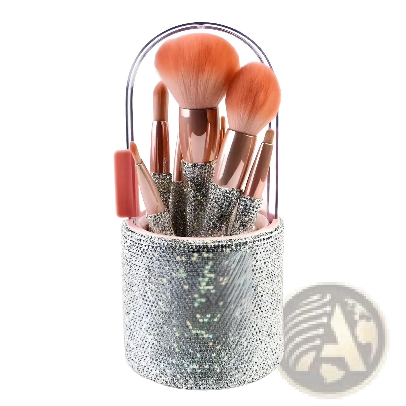 Diamond makeup brush set with a sparkling silver rhinestone encrusted holder, rose gold handles, and peach bristles