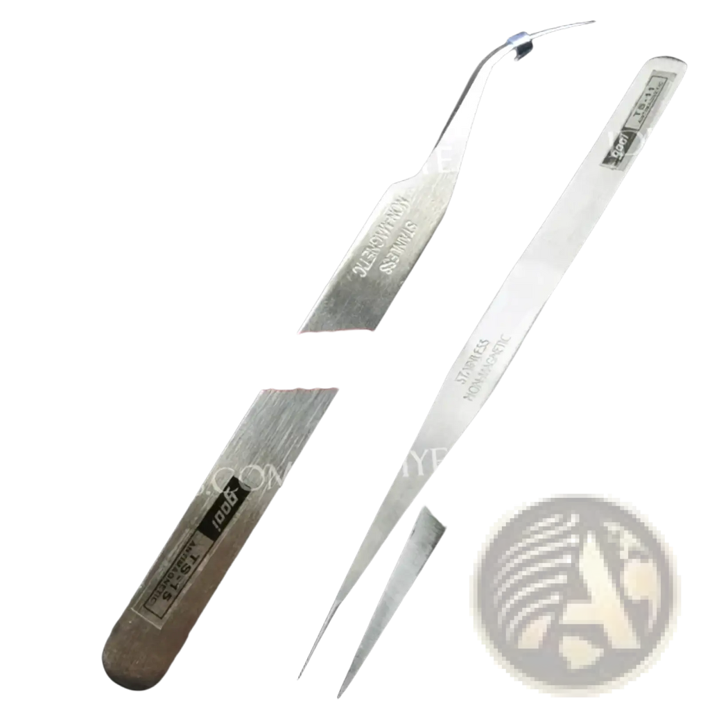 Stainless-steel tweezers with a sleek polished finish and fine tips for precision in diamond painting tool set