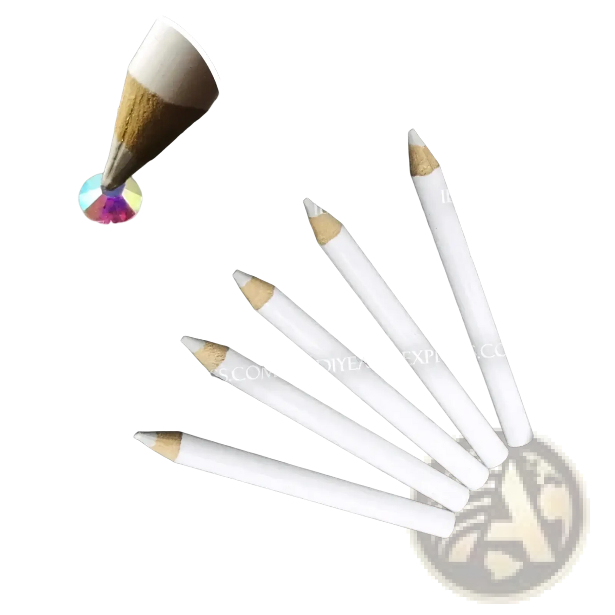 White cylindrical wooden-tipped rhinestone pick up pencils for precise gemstone placement in diamond painting tool set