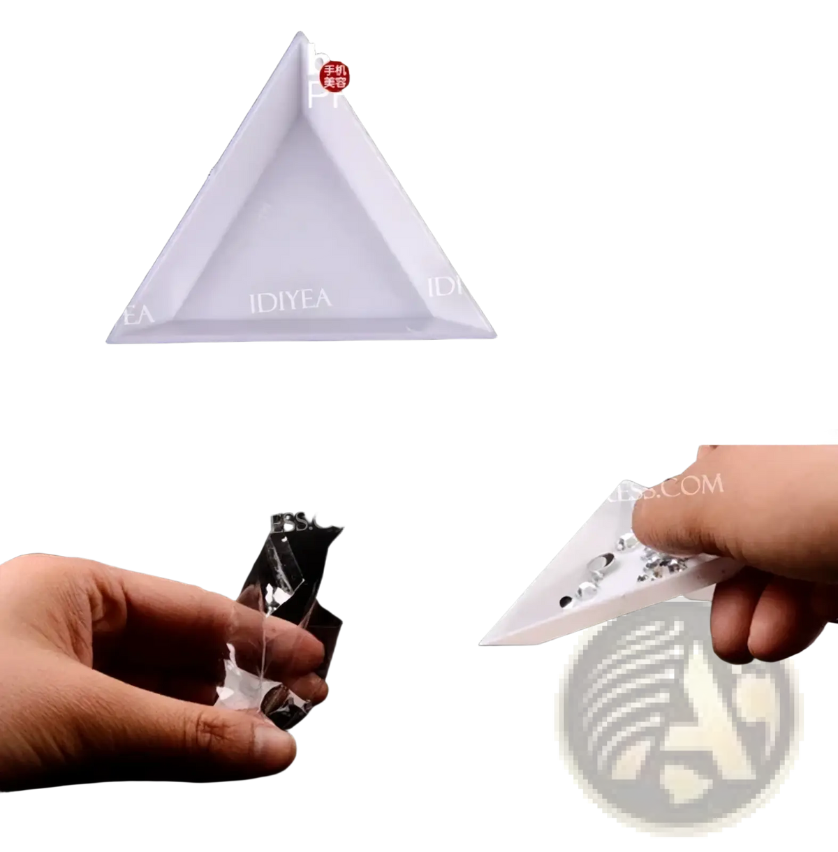 White triangular plastic tray 75mm long included in diamond painting tool set with rhinestone pick up pencils