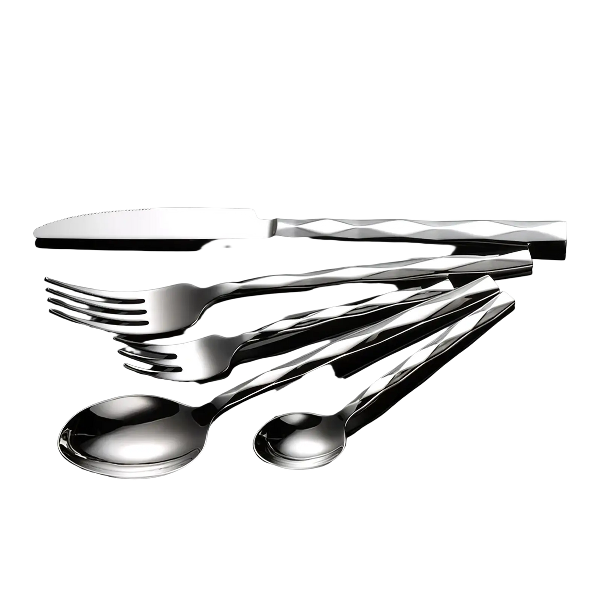 Set of stainless steel cutlery with silver geometric patterned handles in the diamond stainless steel cutlery set