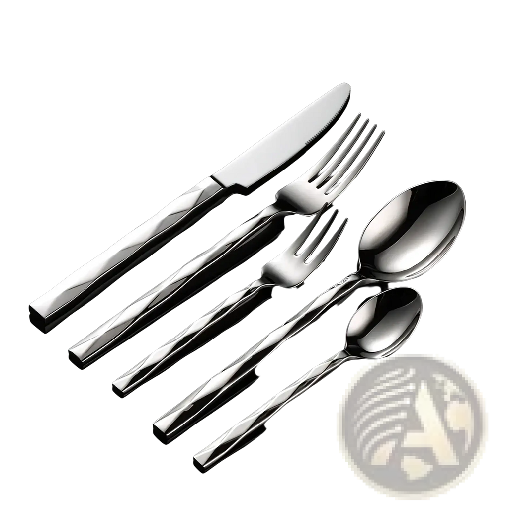 Set of five modern stainless steel cutlery pieces with textured diamond cut handles in silver finish