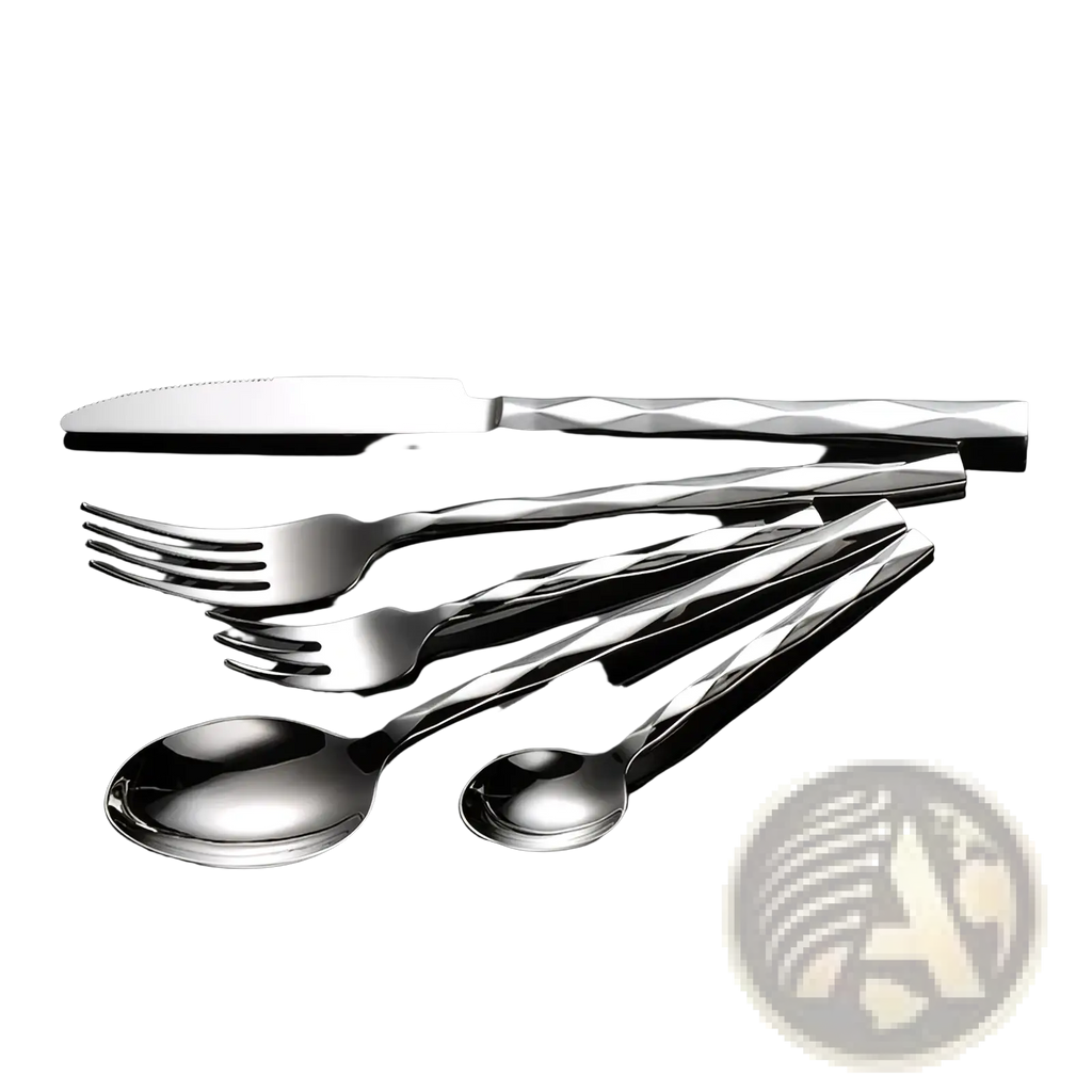 Set of stainless steel cutlery with silver geometric patterned handles in the diamond stainless steel cutlery set