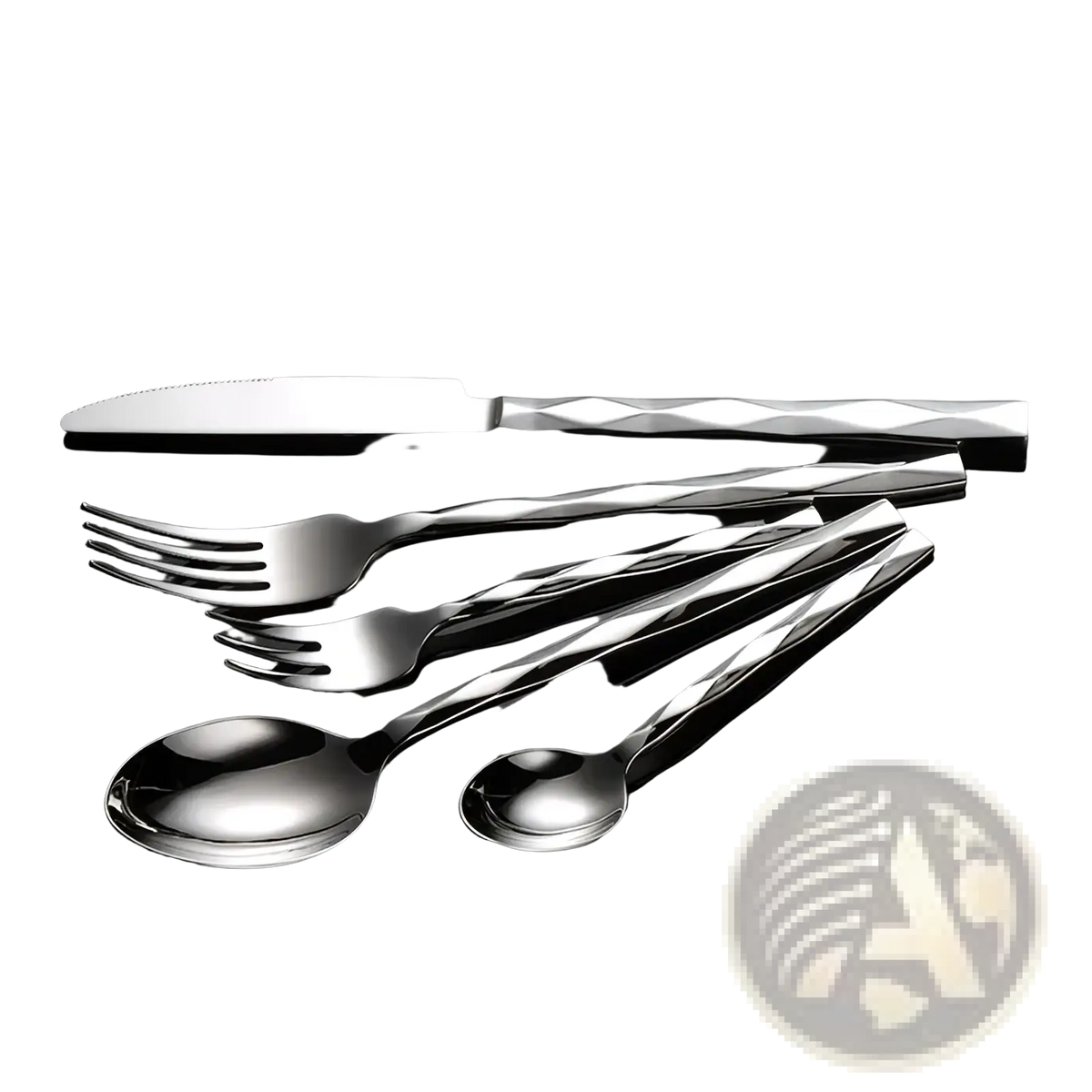 Set of stainless steel cutlery with silver geometric patterned handles in the diamond stainless steel cutlery set