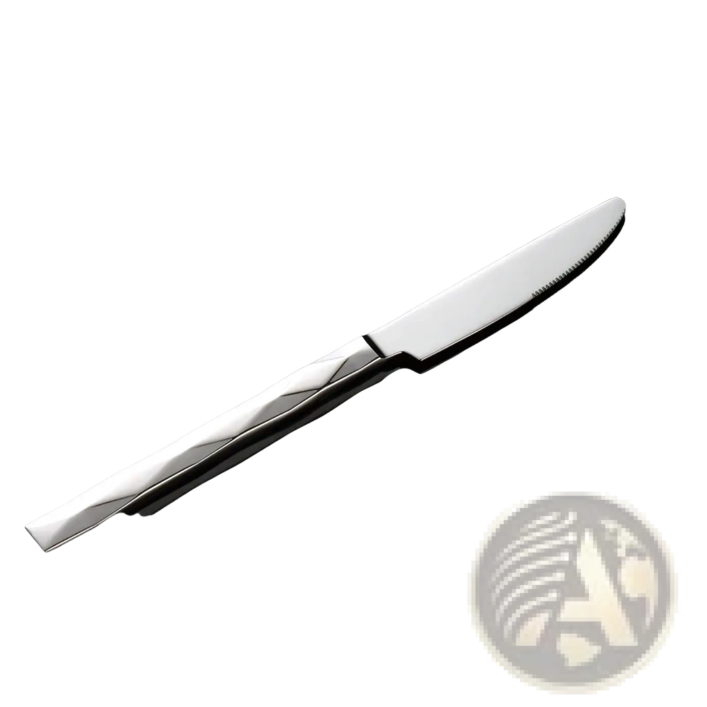 A sleek silver stainless steel dinner knife with a modern geometric pattern from the diamond cutlery set