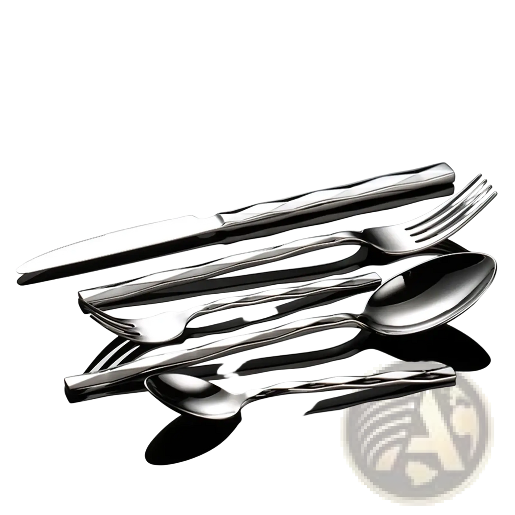 Shiny stainless steel diamond cutlery set with twisted handle design showcasing elegant modern tableware