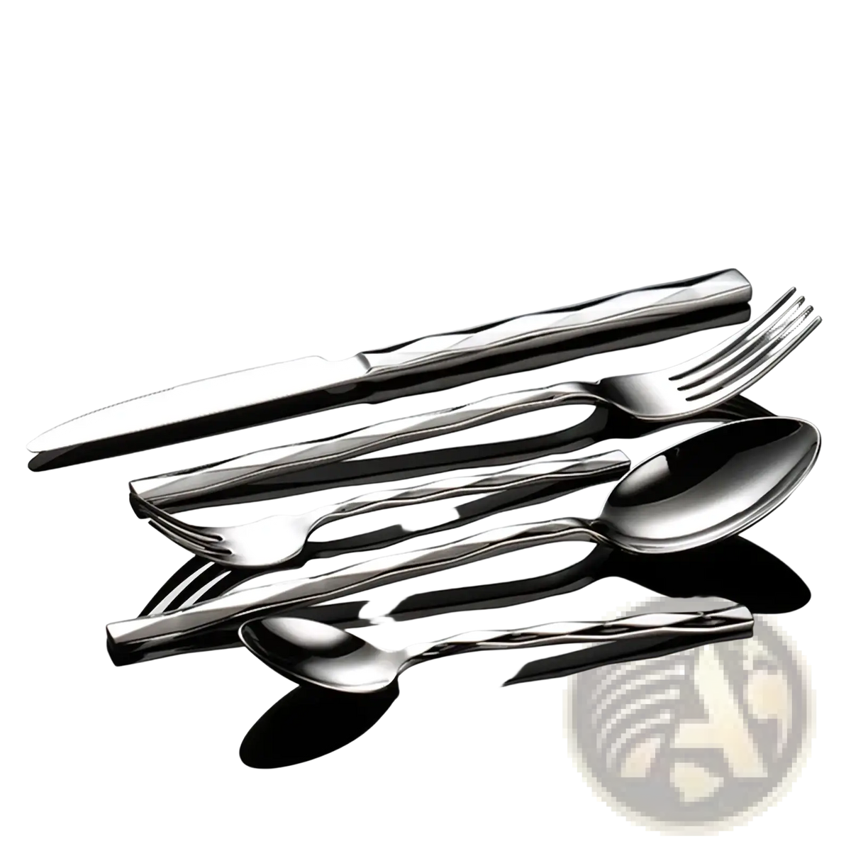 Shiny stainless steel diamond cutlery set with twisted handle design showcasing elegant modern tableware