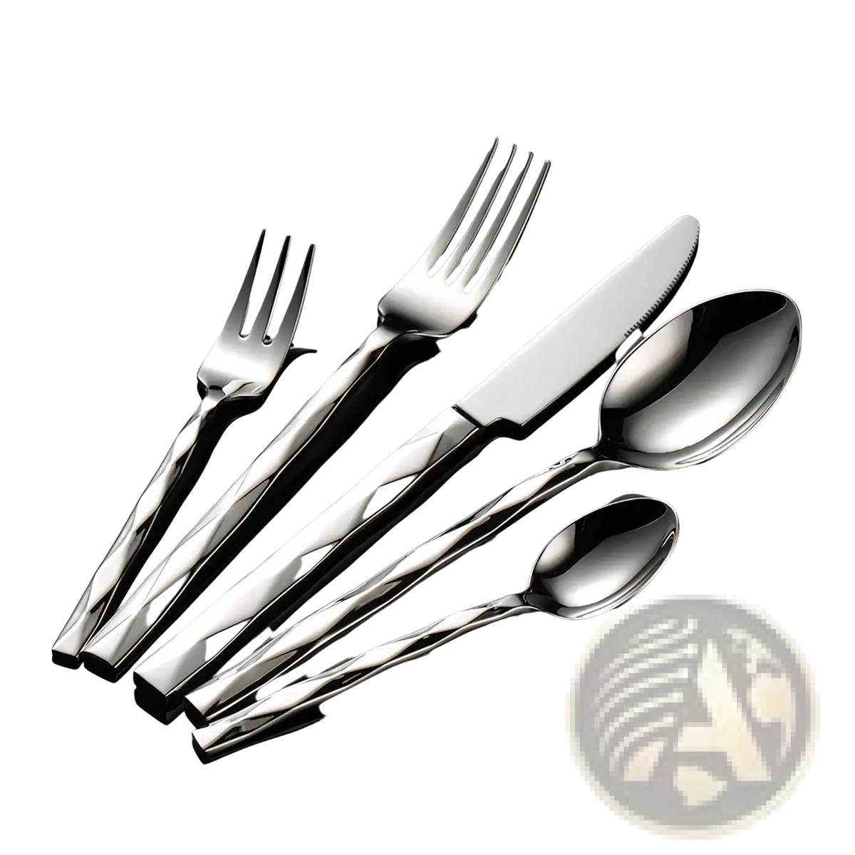 Diamond stainless steel cutlery set featuring shiny silver twisted handle design in stainless steel material
