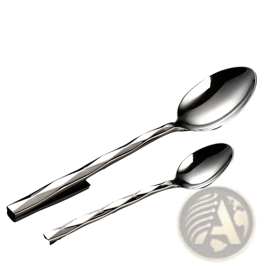 Diamond stainless steel cutlery set featuring shiny spoons with twisted textured stainless steel handles
