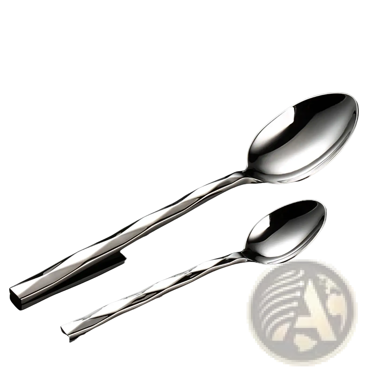 Diamond stainless steel cutlery set featuring shiny spoons with twisted textured stainless steel handles
