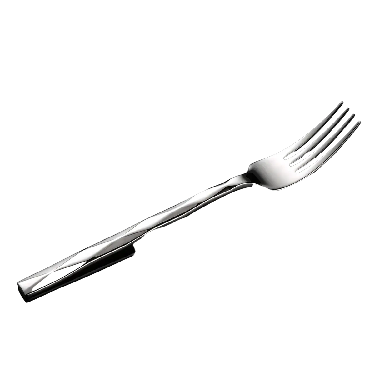 A sleek silver-toned stainless steel fork with a modern twisted handle from the diamond stainless steel cutlery set